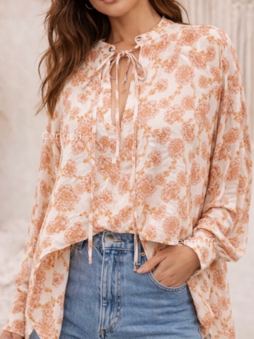Free People Mia Floral Tunic Blouse Ivory Combo Oversized Medium NWT